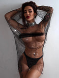 Back To School Amfeov hoco dresses Rhinestone Mesh Mini Dress Women Summer Open Back Slit Long Dresses Ladies Beach Babes See Through Sexy Fishnet Skirt