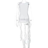 Back To School Amfeov See Through Mesh Sexy Backless Crop Top T Shirt For Women Ribbons Lace Up Splice Fungus Solid Hot Girl Club Summer New