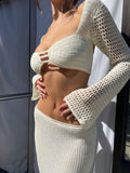 Back To School Amfeov Sexy Crochet Two Piece Set Women Beach Outfits Knit Hollow Out Crop Top Bodycon Long Skirt Sets 2024 Vacation Dress Set