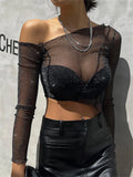 Back To School Amfeov Sheer Mesh Crop Top Tee Summer See-Through Streetwear One-Shoulder Tops For Women Slim Cropped Mesh Lace Black T-Shirt