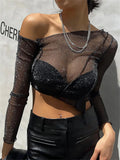 Back To School Amfeov Sheer Mesh Crop Top Tee Summer See-Through Streetwear One-Shoulder Tops For Women Slim Cropped Mesh Lace Black T-Shirt