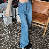 Back To School Amfeov Side Butterfly Jeans Women Sexy Hollow Embroidery Long Pants Women’s All Match Casual Denim Pant Female 2024 Summer