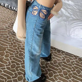 Back To School Amfeov Side Butterfly Jeans Women Sexy Hollow Embroidery Long Pants Women’s All Match Casual Denim Pant Female 2024 Summer