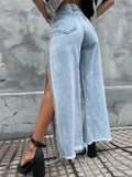 Back To School Amfeov Slit Chain Rhinestone Jeans Woman Loose Casual Cargo Black Pants Femme Streetwear 2024 Summer Long Baggy Y2k Jeans Women