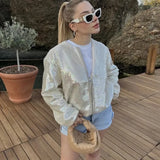 Back To School Amfeov Solid Sequin Jackets For Women Summer 2024 Zipper Cardigan Coat Woman Clothes Streetwear Casual Loose Jacket Femme