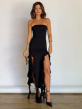 Back To School Amfeov Summer Long Irregular Ruffles Dress For Women Strapless Off Shoulder Sexy Split Dresses 2024 Hot Streetwear Maxi Dress