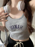 Back To School Amfeov Letter Knitted Women Crop Tops Off Shoulder Slim Y2K Tank Tops Female O-Neck Elastic Solid Elegant Tops Summer Streetwear