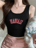 Back To School Amfeov Letter Knitted Women Crop Tops Off Shoulder Slim Y2K Tank Tops Female O-Neck Elastic Solid Elegant Tops Summer Streetwear