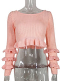 Back To School Amfeov Pink Ruffles Knitted Sweater Women Summer O-Neck Long Sleeve Slim Mini Pullovers High Street Y2K Tops Women’s Clothing