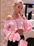 Back To School Amfeov Pink Ruffles Knitted Sweater Women Summer O-Neck Long Sleeve Slim Mini Pullovers High Street Y2K Tops Women’s Clothing