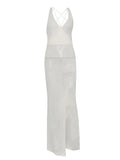 Back To School Amfeov Summer Beach Dress Women V-Neck Backless Split Sexy Long Dress White Sleeveless See Through Party Vestidos 2024