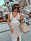 Back To School Amfeov Summer Beach Dress Women V-Neck Backless Split Sexy Long Dress White Sleeveless See Through Party Vestidos 2024