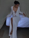 Back To School Amfeov Summer Beach Long Dress Women Long Sleeve Hollow Out Sexy Maxi Dresses Femme White V-Neck Split Floor Vestidos 2024