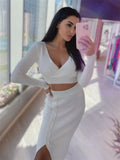 Back To School Amfeov Summer New Two Piece Set Women Outfits Casual White Crop Top And Midi Skirt Sets Wrap Bodycon Long Dress Knit Dresses Set