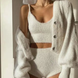 Back To School Amfeov hoco dresses Women Two Piece Sets Outfits White Plush Mohair Drill Button Cardigan Coats With Bra Tops And Mini Shorts Matching Sets