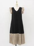 Amfeov V-Neck Contrast Panel Pleated Dress