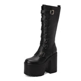 cold weather outfits Amfeov Boots Women Knee-high Booties Round Toe Platform Hill 8cm Chunky Heel 14cm Belt Buckles Big Size 43