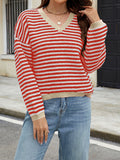 christmas outfit Amfeov Long Sleeves Loose Contrast Color Jacquard Striped V-Neck Pullovers Sweater Tops