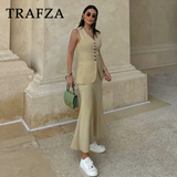 cold weather outfits Amfeov 2024 Spring Summer Casual Women Solid Suits Fashion Vintage V Neck Single Breasted Vests+Chic Elastic Waist Long Skirts