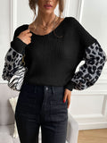 christmas outfit Amfeov Loose Puff Sleeves Leopard Split-Joint V-Neck Sweater Tops