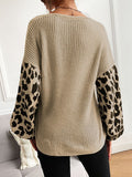 christmas outfit Amfeov Loose Puff Sleeves Leopard Split-Joint V-Neck Sweater Tops