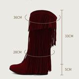 cold weather outfits Amfeov Women Mid Calf Boots Round Toe Increased Heel Fringe Flock Suede 46 47 48 Slip On Fashion Dating Bota