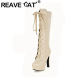 cold weather outfits Amfeov British Ladies Knee High Boots Round Toe Lace Up 12CM Platforms Spike Heels Shoes Size 31-45 White A4206