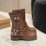 Amfeov 2024 New Winter Denim Boots Women's Retro Brown Belt Buckle Round Head High Boots  Boots Knee Length