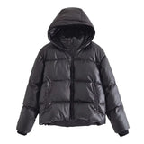 cold weather outfits Amfeov European Style Color Hooded Zipper Jacket Coat Cross-border Wholesale Autumn/winter Pu Leather Cotton Coat Women's Clothing