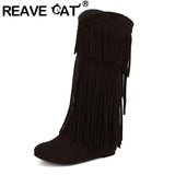 cold weather outfits Amfeov Women Mid Calf Boots Round Toe Increased Heel Fringe Flock Suede 46 47 48 Slip On Fashion Dating Bota