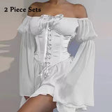 cold weather outfits Amfeov Summer Sweet Women 2 Piece Dress Sets Pink Chiffon Dress Off Shoulder Outfits Lace-up Corset Bustier Two Piece Party Dress Suits