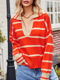 christmas outfit Amfeov Long Sleeves Loose Contrast Color Split-Joint Striped V-Neck Pullovers Sweater Tops