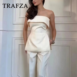 cold weather outfits Amfeov 2024 Spring Summer Women Elegant Solid Suit Fashion Casual Strapless Sleeveless Slim Short Tops+High Waist Zipper Pants