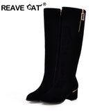 cold weather outfits Amfeov Spring Autumn Knee High Boots Suede Round toe Rhinstone Female 2024 Chunky Heels Small Big 32-52 S2409