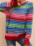 christmas outfit Amfeov Long Sleeves Loose Contrast Color Hollow Striped Round-Neck Pullovers Sweater Tops