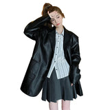 cold weather outfits Amfeov BlackPU Leather Suit Jacket Women's 2024 Spring Autumn New Style HongKong Vintage Casual Street Western-Style Clothes Top Leathe