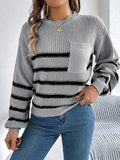 christmas outfit Amfeov Long Sleeves Loose Contrast Color Pockets Split-Joint Round-Neck Pullovers Sweater Tops