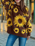 christmas outfit Amfeov Long Sleeves Loose Contrast Color Knitted Flower Split-Joint Round-Neck Pullovers Sweater Tops