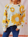 christmas outfit Amfeov Long Sleeves Loose Contrast Color Knitted Flower Split-Joint Round-Neck Pullovers Sweater Tops