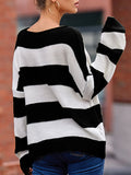 christmas outfit Amfeov Long Sleeves Loose Contrast Color Striped Round-Neck Pullovers Sweater Tops