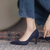 Amfeov Women High Heel Shoes Sharp Pointed Thin Heel High-heeled Pumps Shoes New Suede Black Red Blue Women's Single Shoes Big Size 42