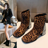 Amfeov 2024Zippers Fashion Pointed Toe Women Ankle Boots With Low Heel Shoes Female Leopard Print Footwear Ladies Stretch Modern Boots