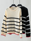 christmas outfit Amfeov Long Sleeves Loose Contrast Color Split-Joint Striped Round-Neck Pullovers Sweater Tops