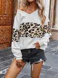 christmas outfit Amfeov Long Sleeves Loose Leopard Split-Joint V-Neck Pullovers Sweater Tops