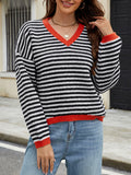 christmas outfit Amfeov Long Sleeves Loose Contrast Color Jacquard Striped V-Neck Pullovers Sweater Tops