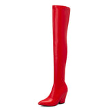 cold weather outfits Amfeov Thigh Boots 60cm Shaft Pointed Toe Block Heel 9.5cm Stretchy Booties Sexy Party Big Size 47 48