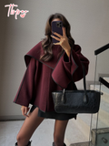 christmas outfit Amfeov Burgundy Chic Contrast Edge Scarf Collar Woolen Jacket Elegant Women's Long Sleeve Loose Coat 2025 New Fall Lady Fashion Outwear