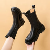 Amfeov Women Chelsea Boots Spring New Black Mid Ankle Flat Platform Lady Shoes Female All Match Classic Concise Fashion Round Toe Shoes