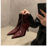 Amfeov Sexy Women's Patent Leather Pointed Toe Boots, Short Ankle Boots, Thin High Heels, Black, Red, Beige, Back Zipper