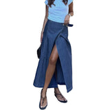 cold weather outfits Amfeov Women's Denim Skirt with Front Slit Waistband Decoration Versatile Half Length Skirt for Commuting Temperament New